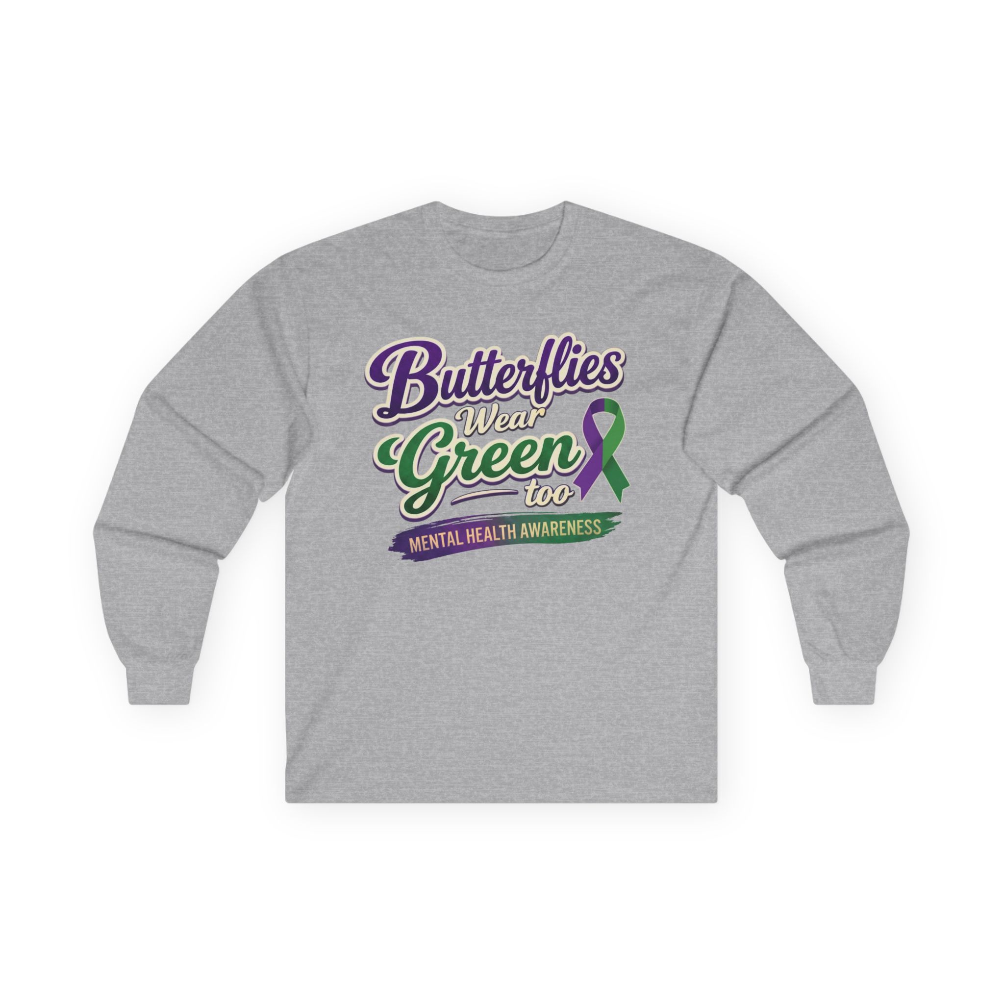 Butterflies Wear Green Too…Support Mental Health Awareness Long Sleeve Tee - Image 13