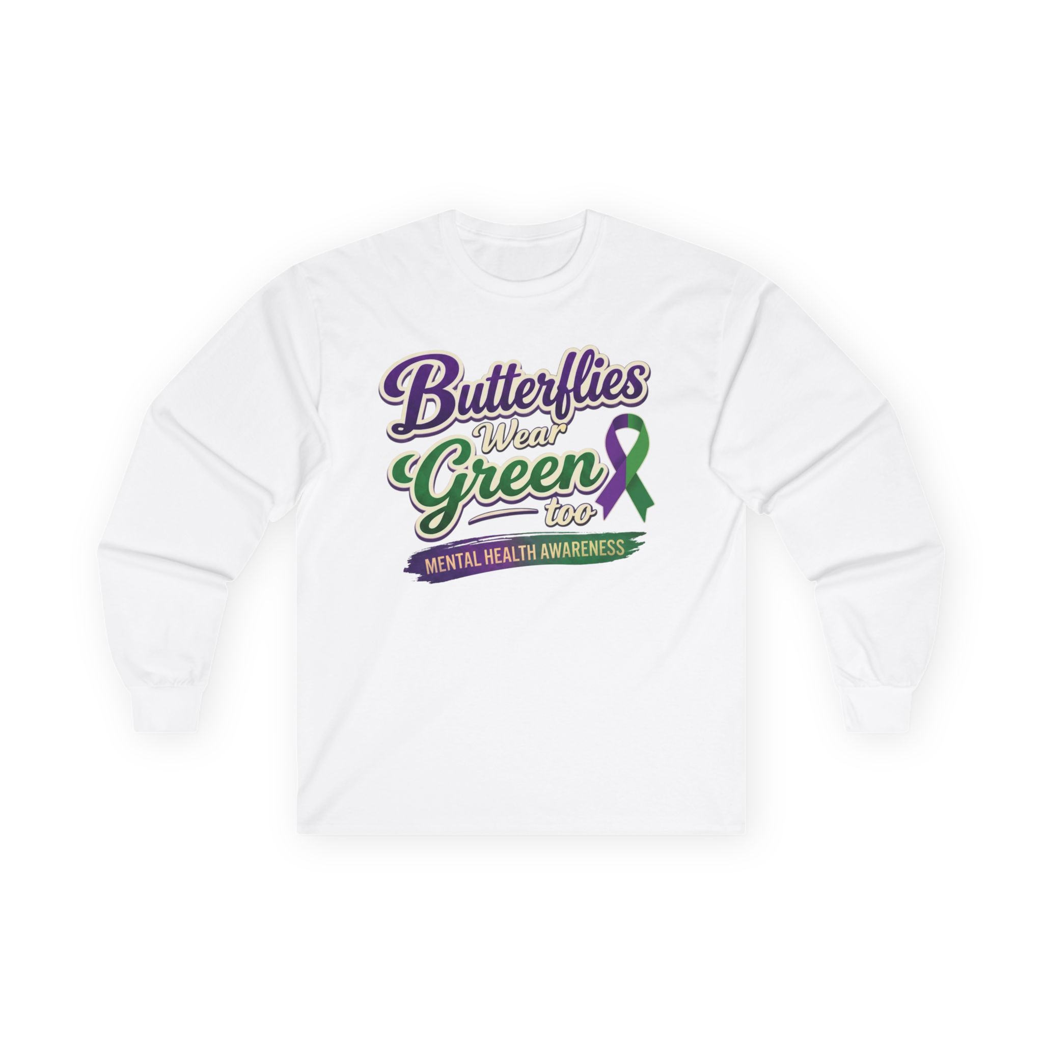Butterflies Wear Green Too…Support Mental Health Awareness Long Sleeve Tee - Image 4