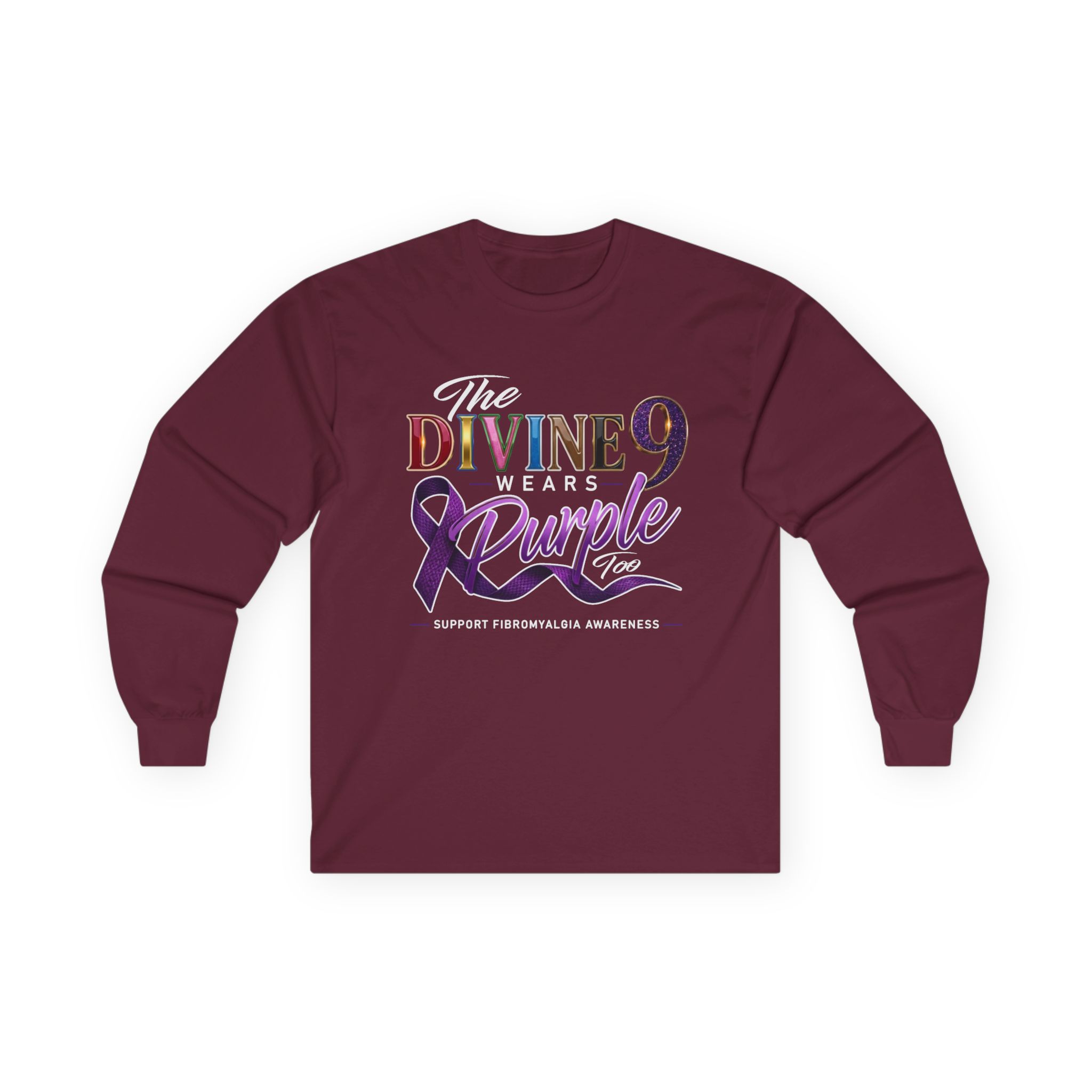 The Divine 9 Wears Purple Too for Fibromyalgia Awareness Long Sleeve Tee - Image 7