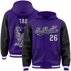 SBF Custom Varsity Hoodie Jacket – Purple, Black & White Edition