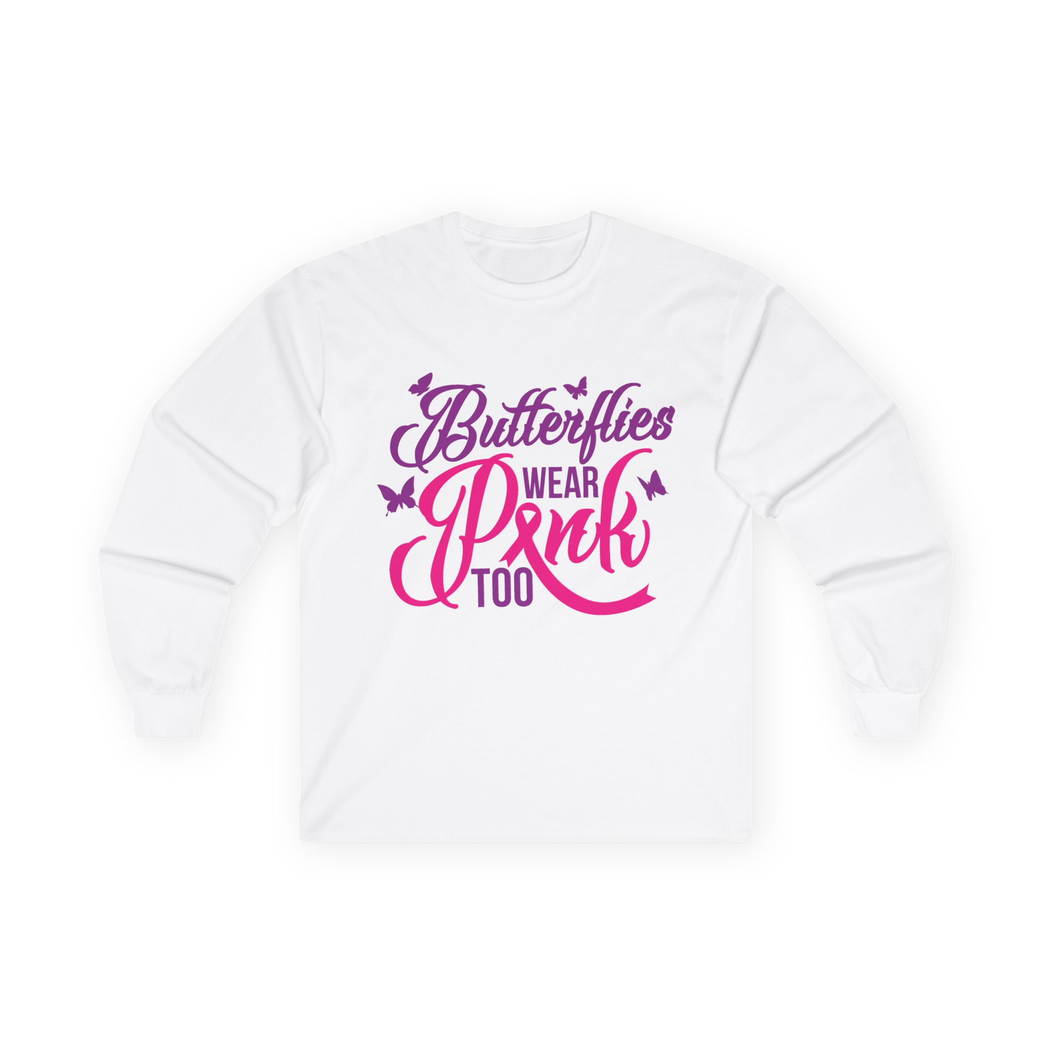 Butterflies Wear Pink Too…Support Breast Cancer Awareness Long Sleeve Tee - Image 3